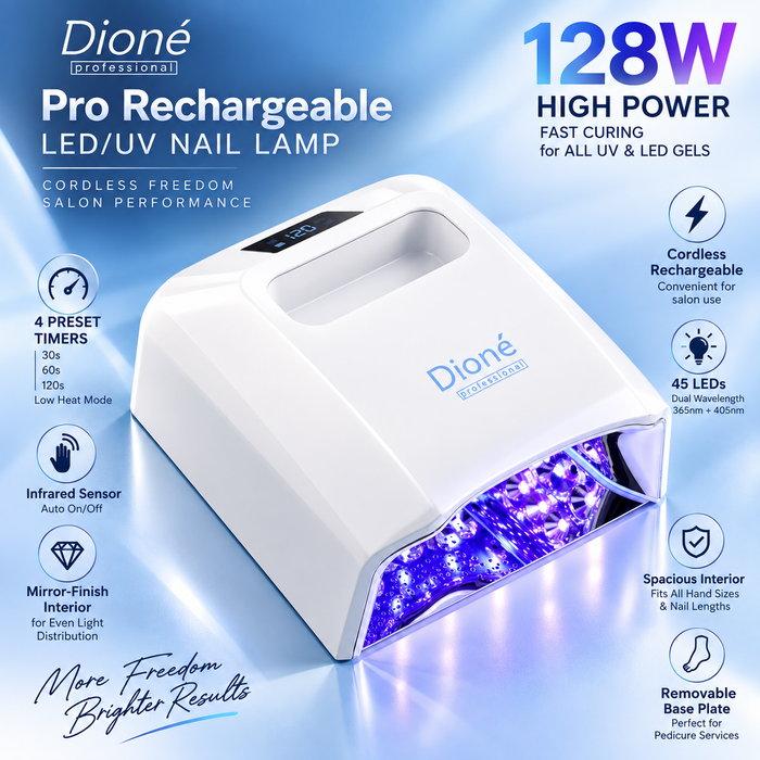 Thông số đèn Dioné Pro 128W: 45 bóng LED bước sóng kép 365nm + 405nm, không dây sạc lại được, cảm biến hồng ngoại, lòng đèn tráng gương, đế tháo rời cho pedicure