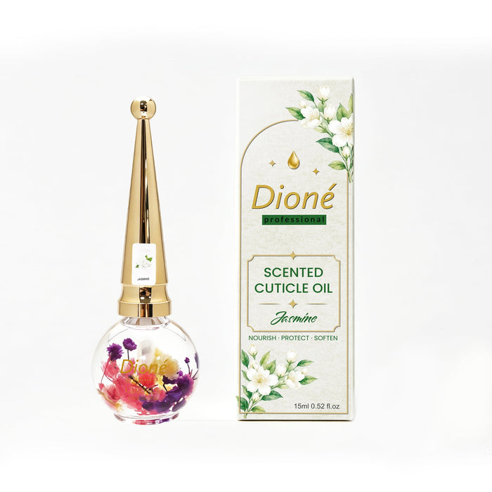 Dioné Cuticle Oil Jasmine 15ml — chai nắp vàng và bao bì mới, quà cảm ơn khách tiệm nail